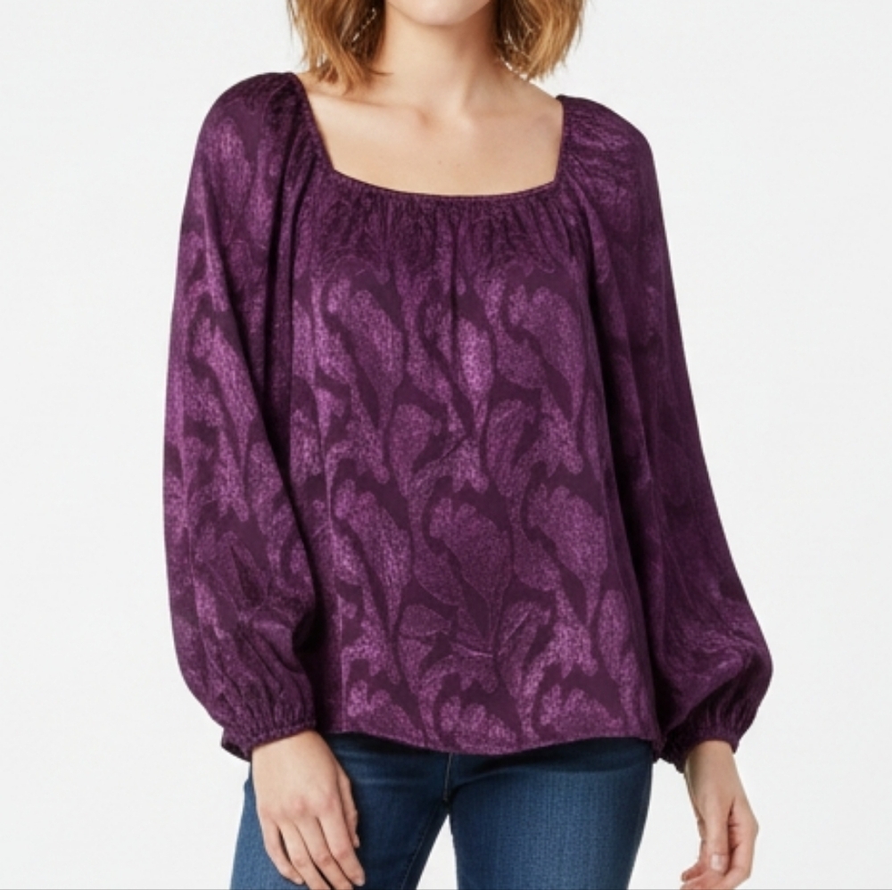 Mason & Belle Elegant Purple Balloon Sleeve Square Neckline Statement Blouse‎ M